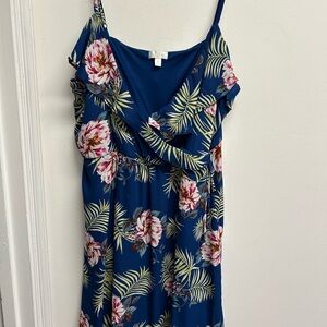 Blue Hawaiian Floral Strappy Sleeveless Dress with Ruffle Wrap Bodice